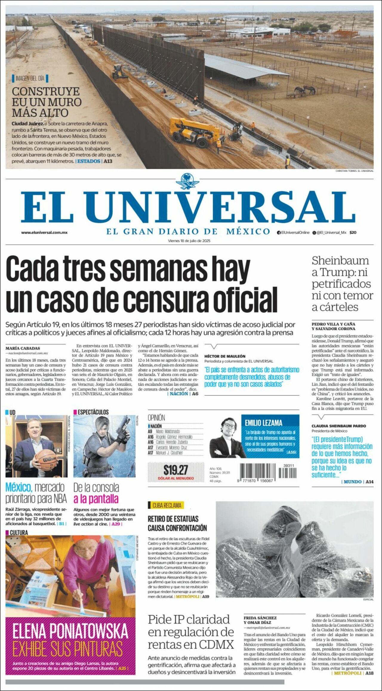 El Universal, edición del viernes 18 de julio de 2025