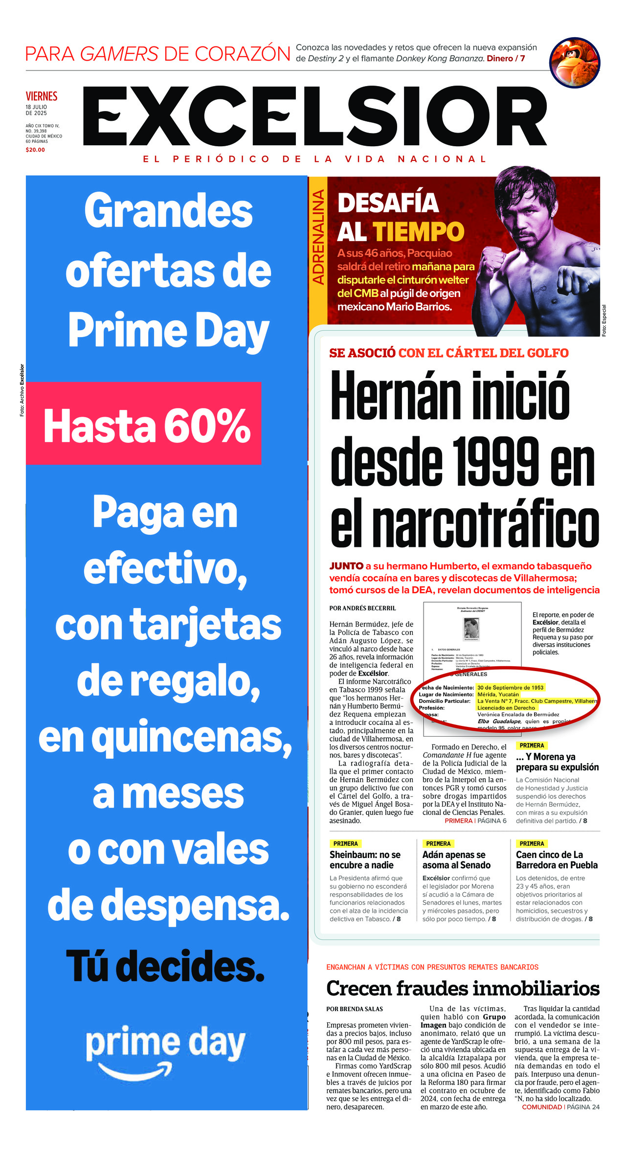 Excelsior, edición del viernes 18 de julio de 2025