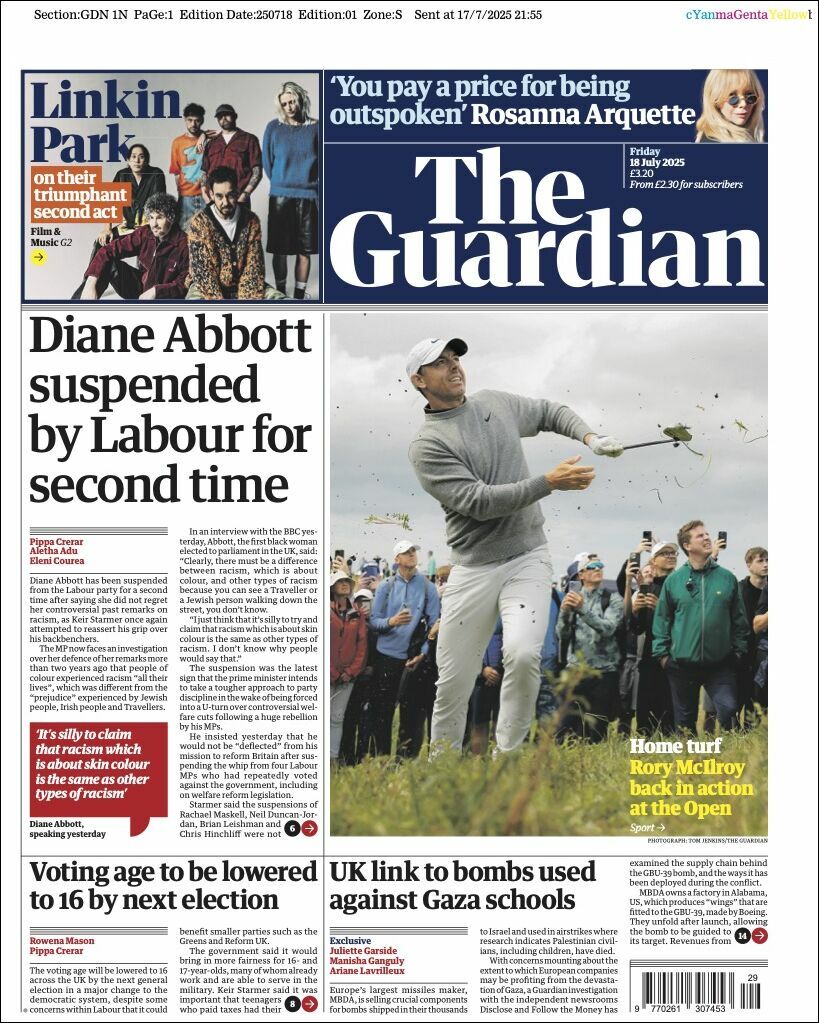 The Guardian, edición del viernes 18 de julio de 2025