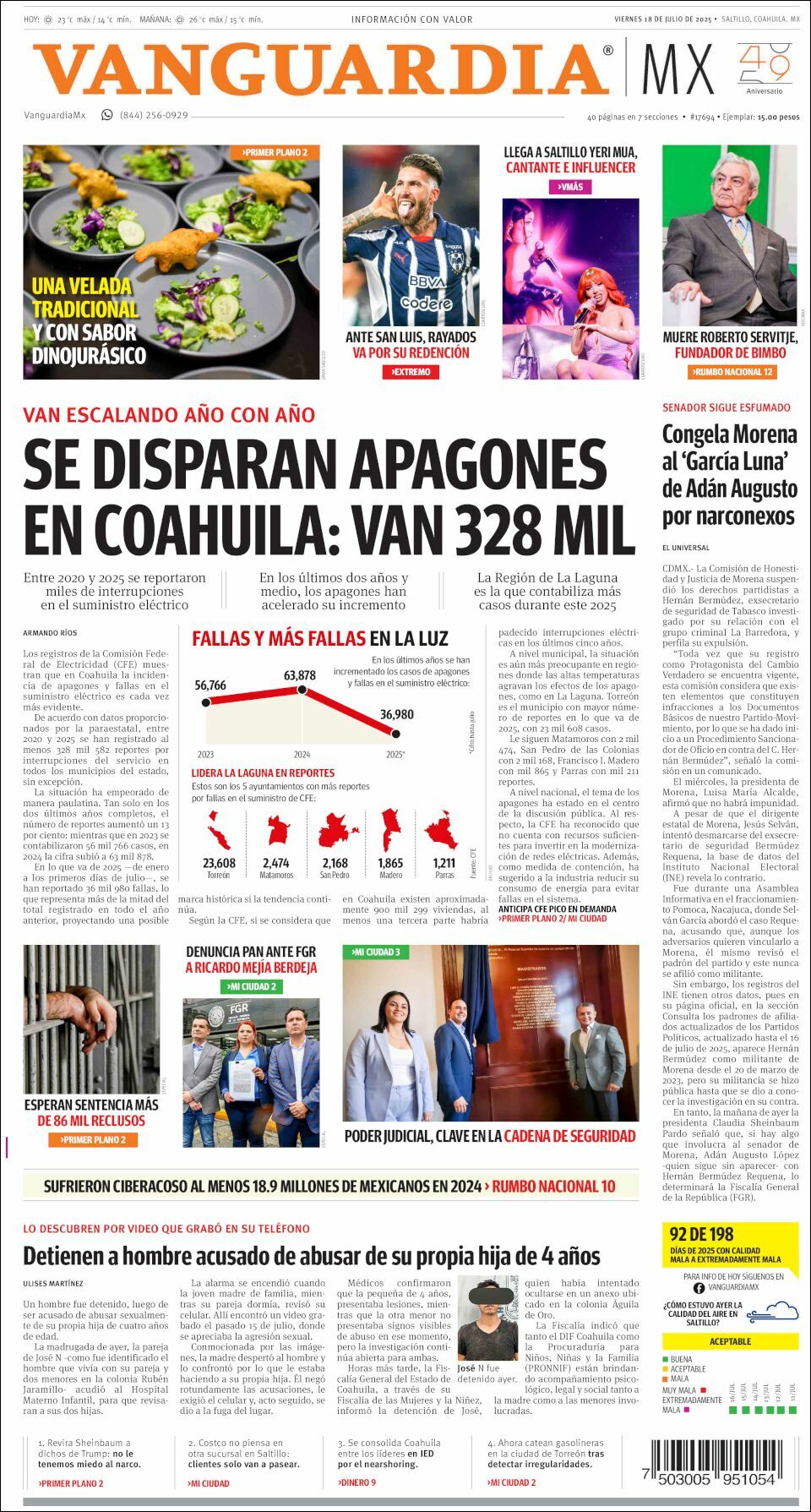 Vanguardia, edición del viernes 18 de julio de 2025