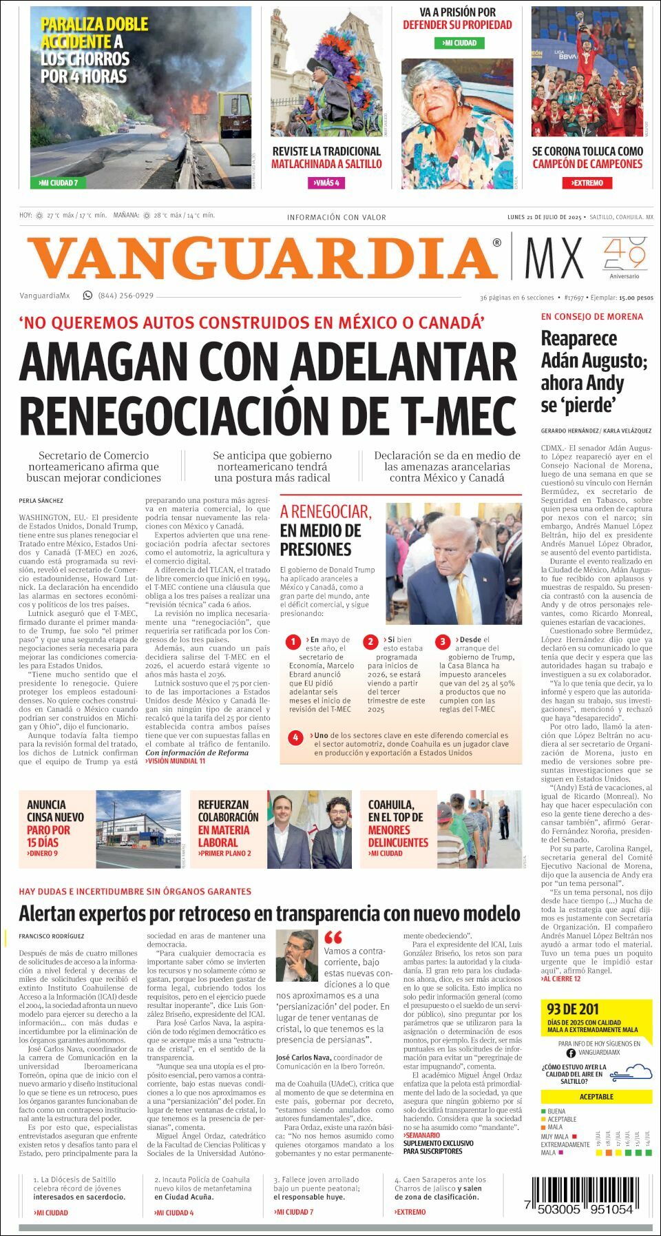 Vanguardia, edición del lunes 21 de julio de 2025 Vanguardia, edición del lunes 21 de julio de 2025