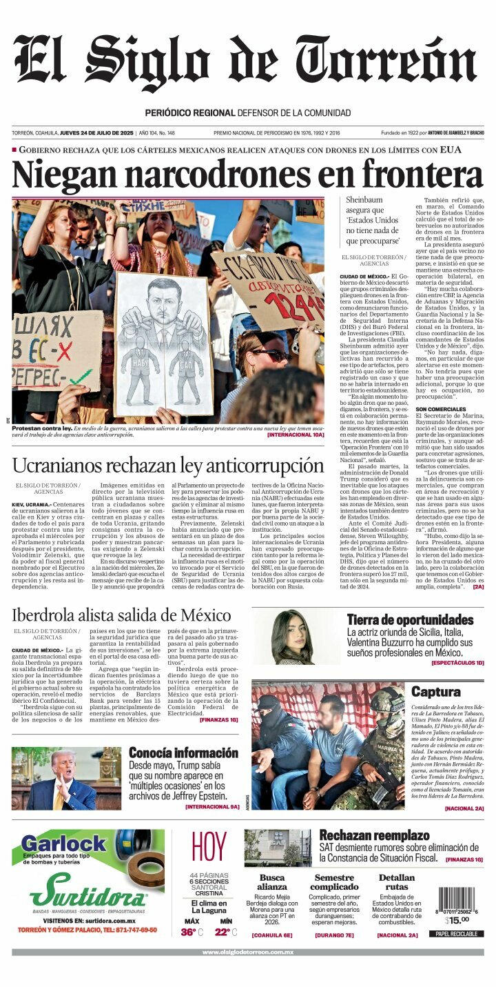 El Siglo de Torreón, edición del jueves 24 de julio de 2025 El Siglo de Torreón, edición del jueves 24 de julio de 2025