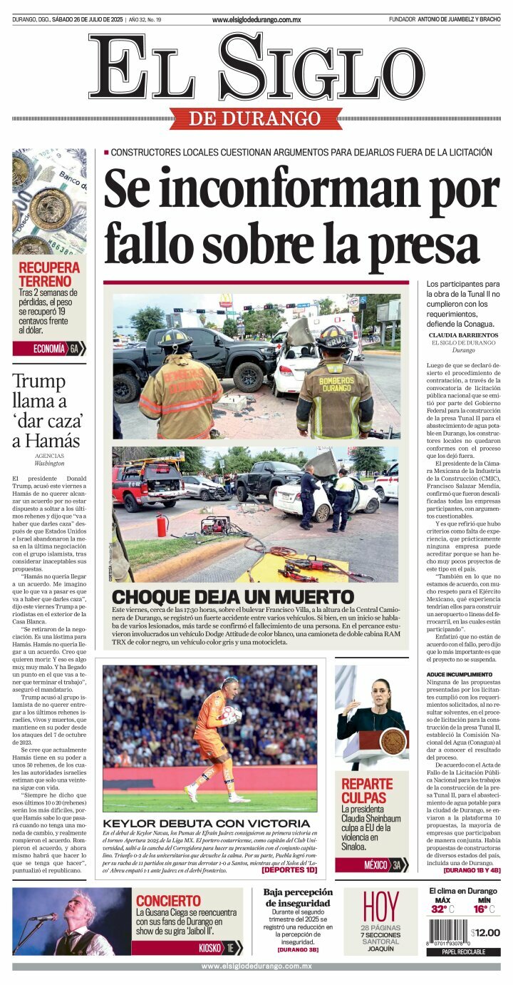 El Siglo de Durango, edición del sábado 26 de julio de 2025 El Siglo de Durango, edición del sábado 26 de julio de 2025