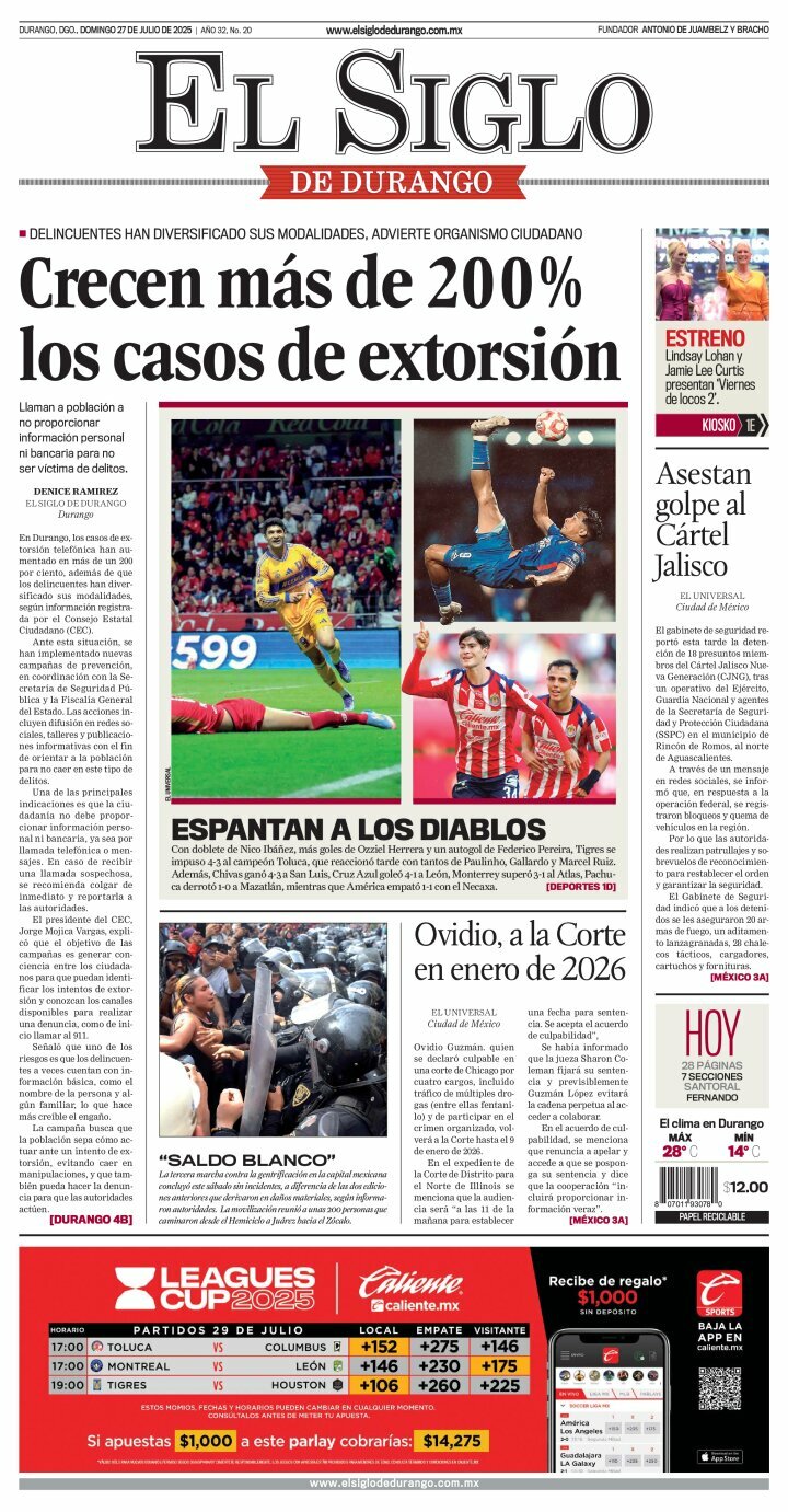 El Siglo de Durango, edición del domingo 27 de julio de 2025 El Siglo de Durango, edición del domingo 27 de julio de 2025