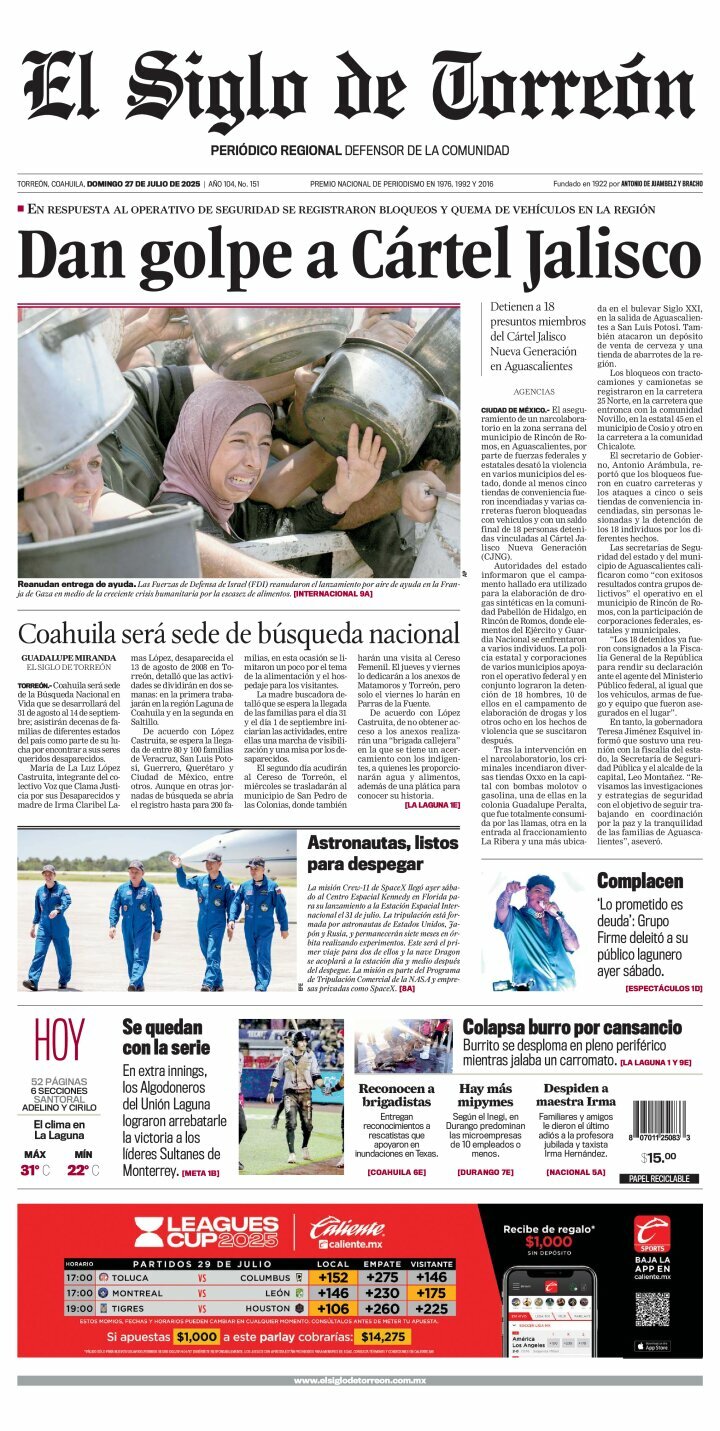 El Siglo de Torreón, edición del domingo 27 de julio de 2025 El Siglo de Torreón, edición del domingo 27 de julio de 2025