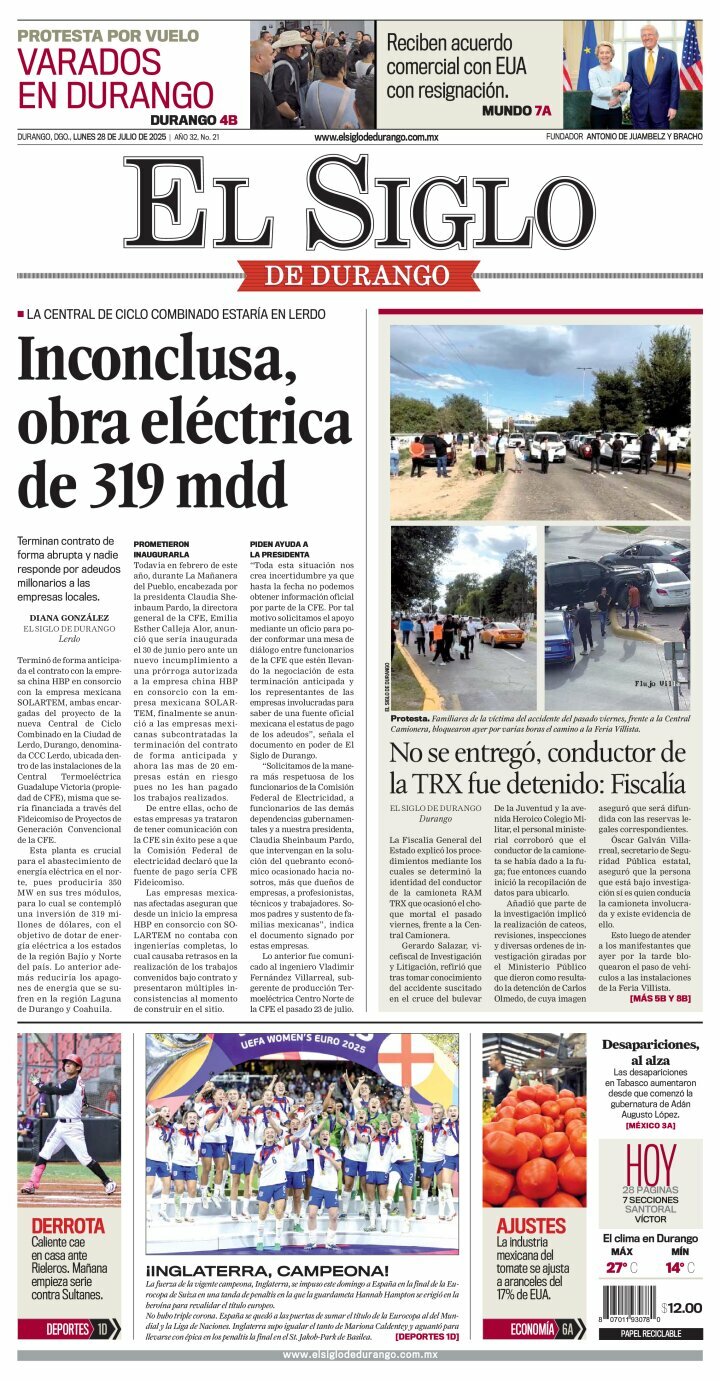 El Siglo de Durango, edición del lunes 28 de julio de 2025 El Siglo de Durango, edición del lunes 28 de julio de 2025