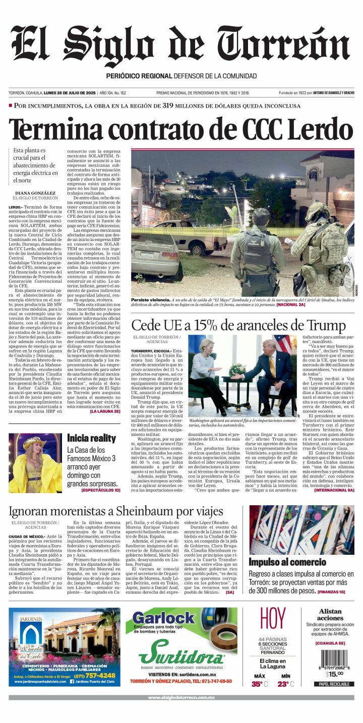 El Siglo de Torreón, edición del lunes 28 de julio de 2025 El Siglo de Torreón, edición del lunes 28 de julio de 2025