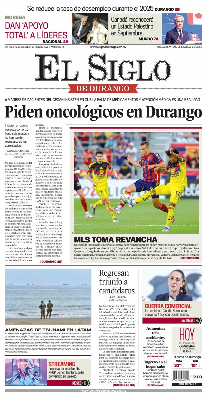 El Siglo de Durango, edición del jueves 31 de julio de 2025 El Siglo de Durango, edición del jueves 31 de julio de 2025