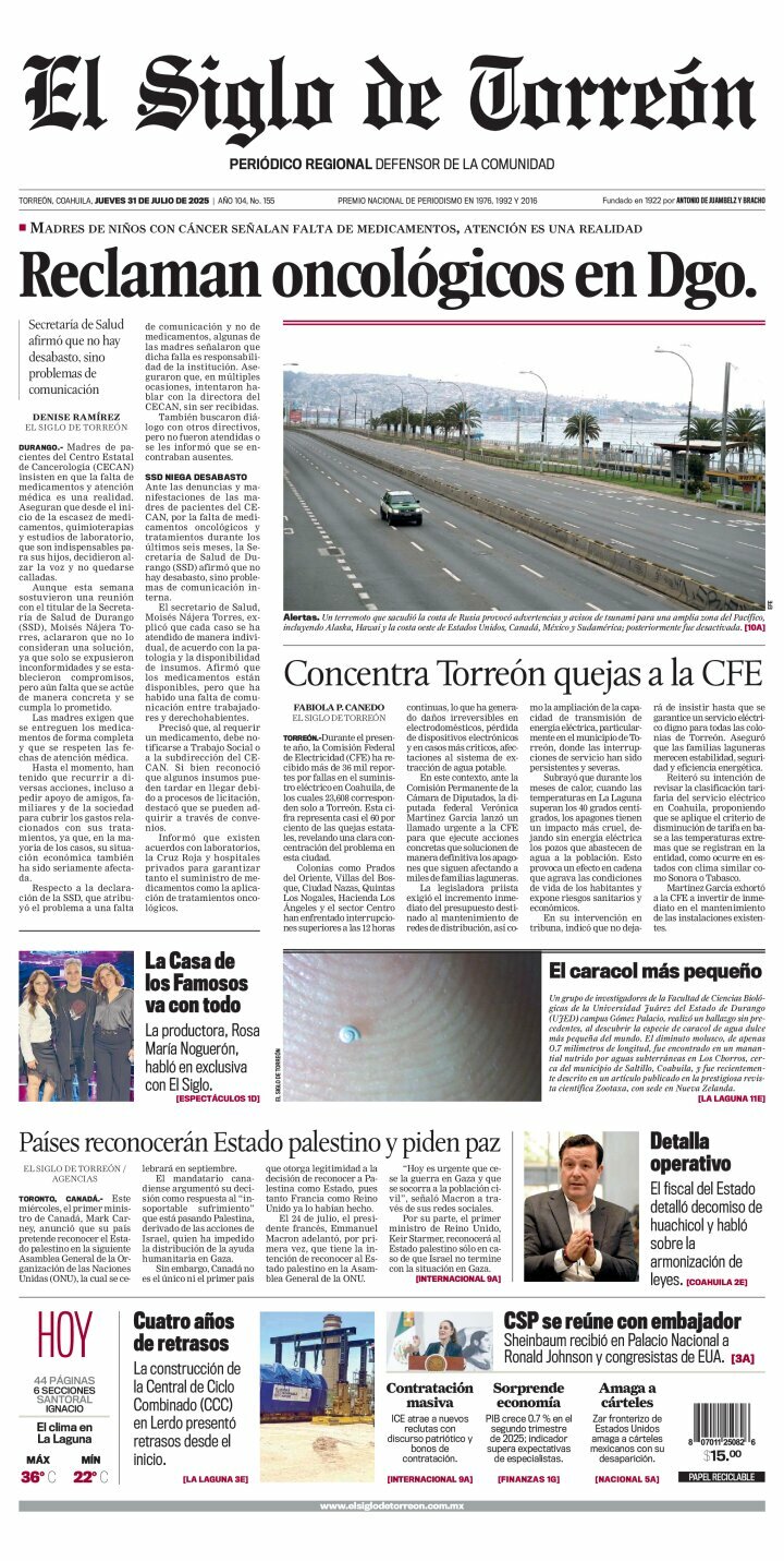El Siglo de Torreón, edición del jueves 31 de julio de 2025 El Siglo de Torreón, edición del jueves 31 de julio de 2025