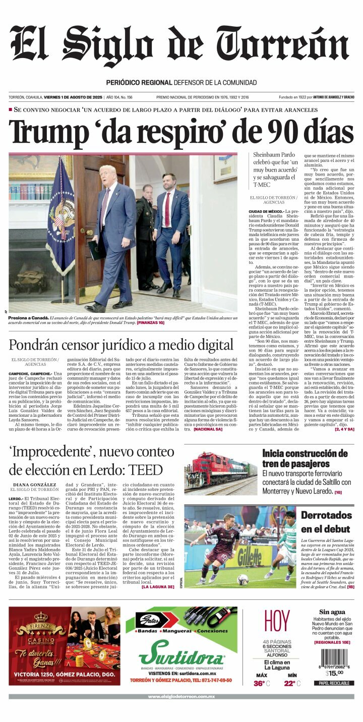 El Siglo de Torreón, edición del viernes 01 de agosto de 2025