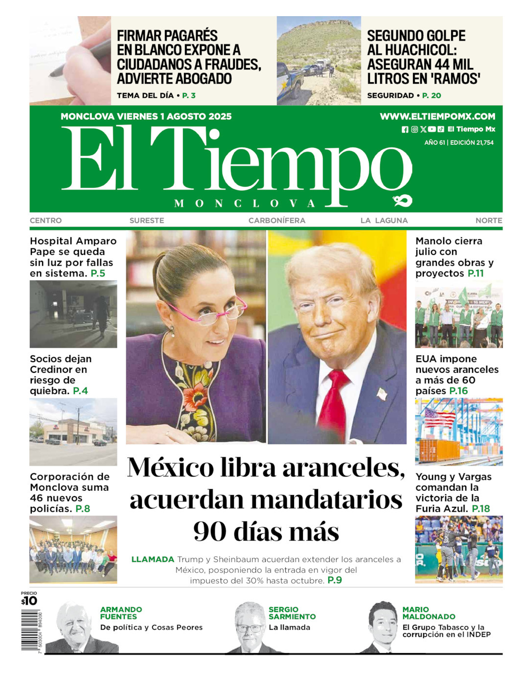 El Tiempo Monclova, edición del viernes 01 de agosto de 2025