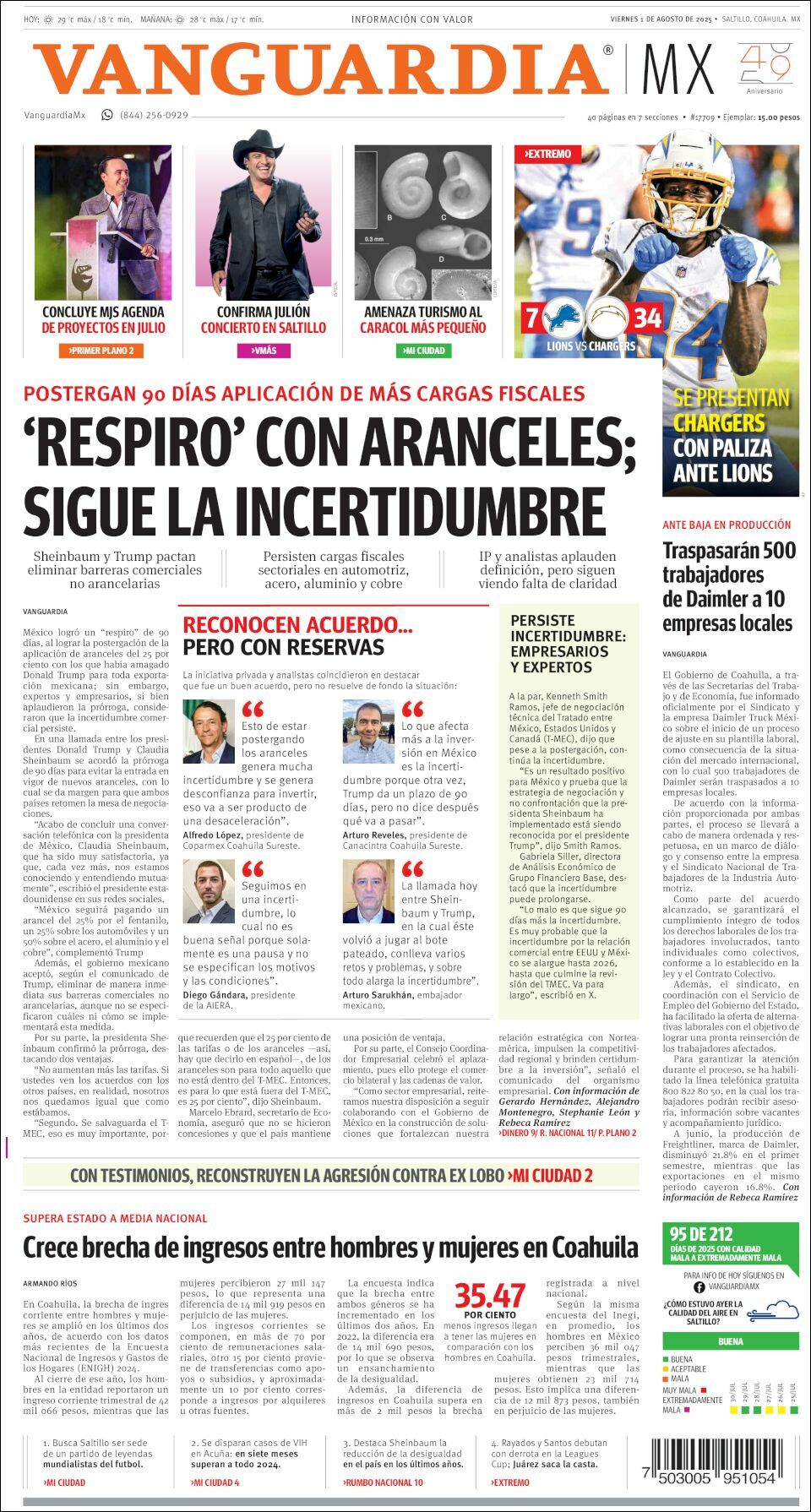 Vanguardia, edición del viernes 01 de agosto de 2025