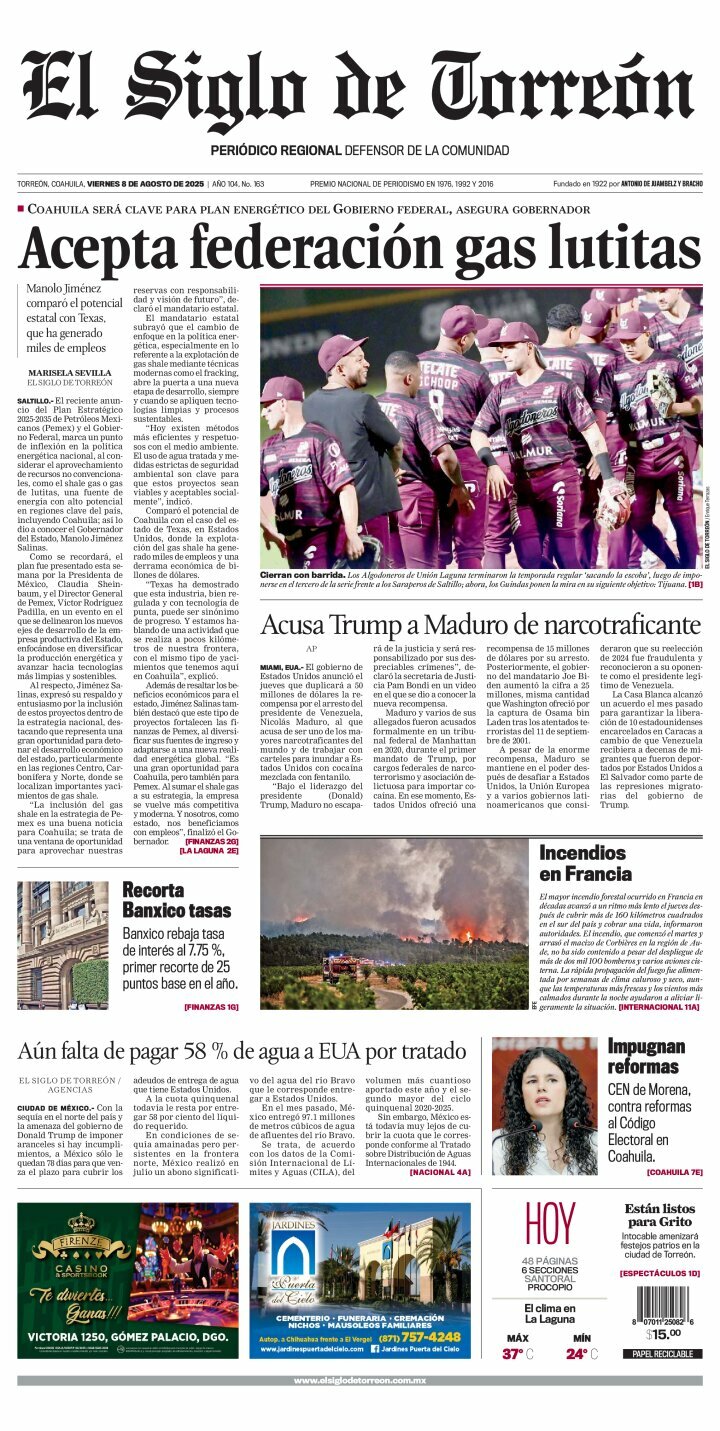 El Siglo de Torreón, edición del viernes 08 de agosto de 2025