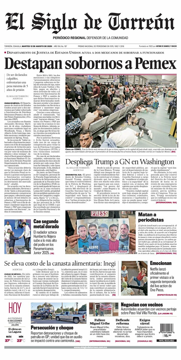 El Siglo de Torreón, edición del martes 12 de agosto de 2025 El Siglo de Torreón, edición del martes 12 de agosto de 2025