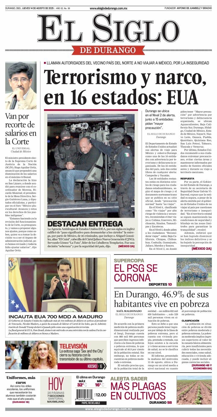 El Siglo de Durango, edición del jueves 14 de agosto de 2025 El Siglo de Durango, edición del jueves 14 de agosto de 2025