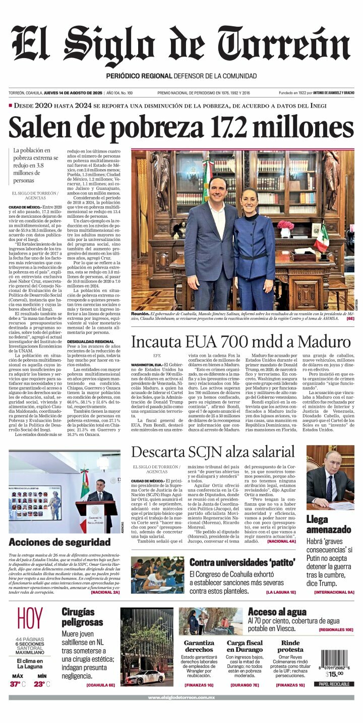 El Siglo de Torreón, edición del jueves 14 de agosto de 2025 El Siglo de Torreón, edición del jueves 14 de agosto de 2025