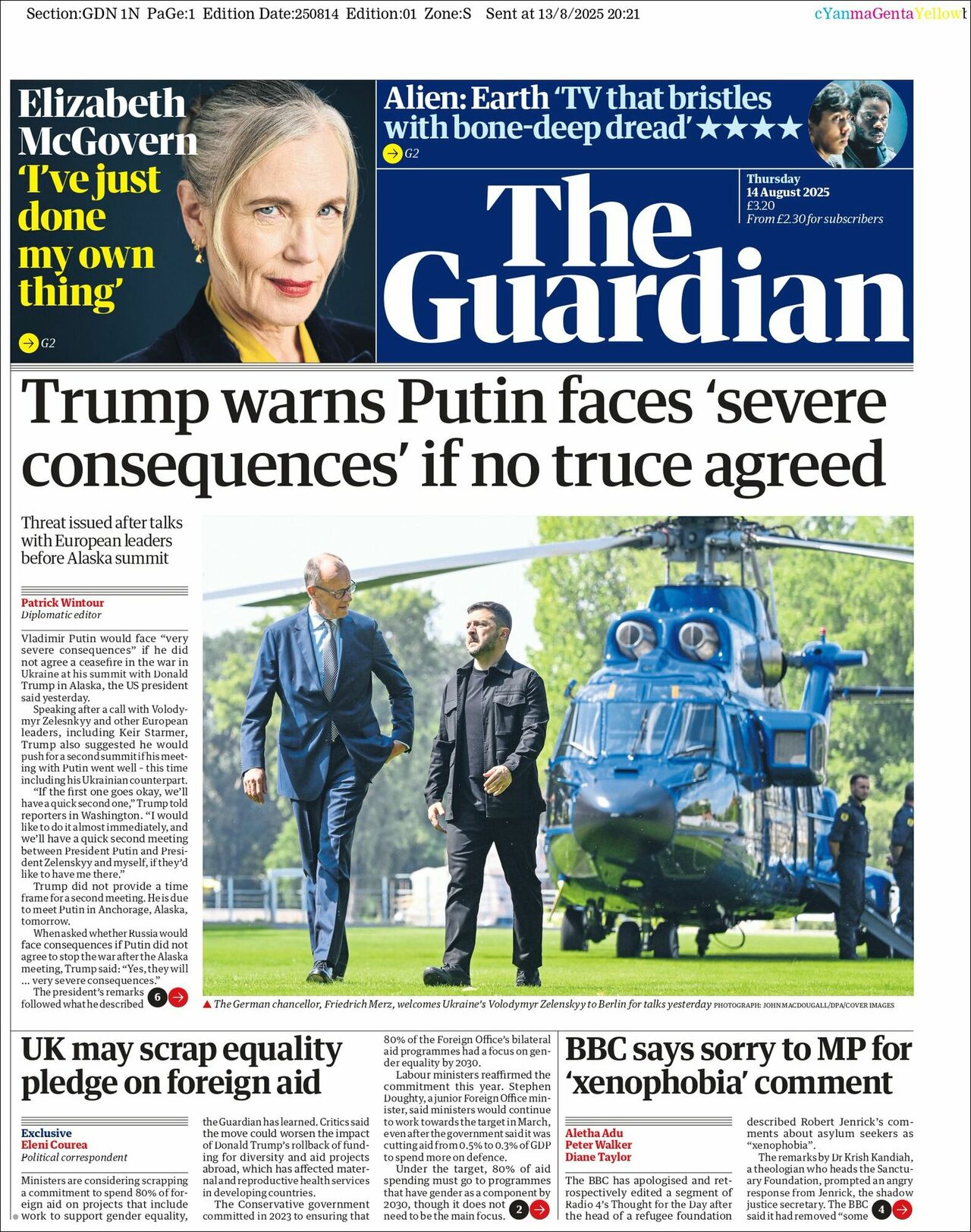 The Guardian, edición del jueves 14 de agosto de 2025 The Guardian, edición del jueves 14 de agosto de 2025