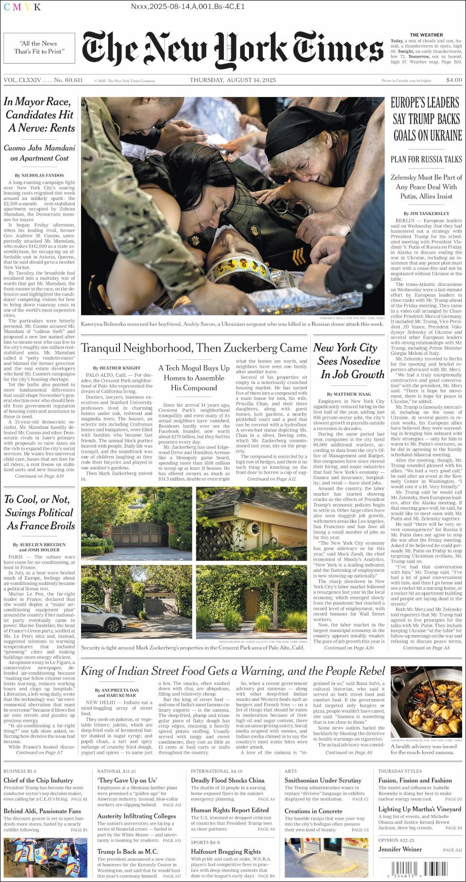 The New York Times, edición del jueves 14 de agosto de 2025 The New York Times, edición del jueves 14 de agosto de 2025
