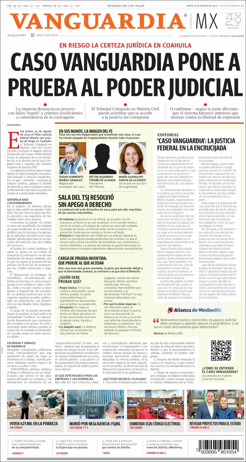 Vanguardia, edición del jueves 14 de agosto de 2025 Vanguardia, edición del jueves 14 de agosto de 2025
