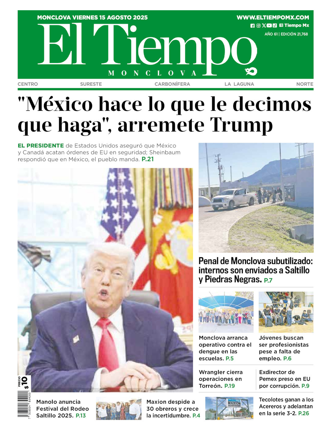 El Tiempo Monclova, edición del viernes 15 de agosto de 2025 El Tiempo Monclova, edición del viernes 15 de agosto de 2025