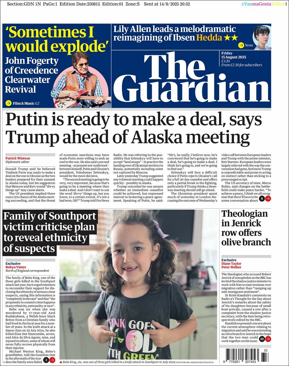 The Guardian, edición del viernes 15 de agosto de 2025 The Guardian, edición del viernes 15 de agosto de 2025