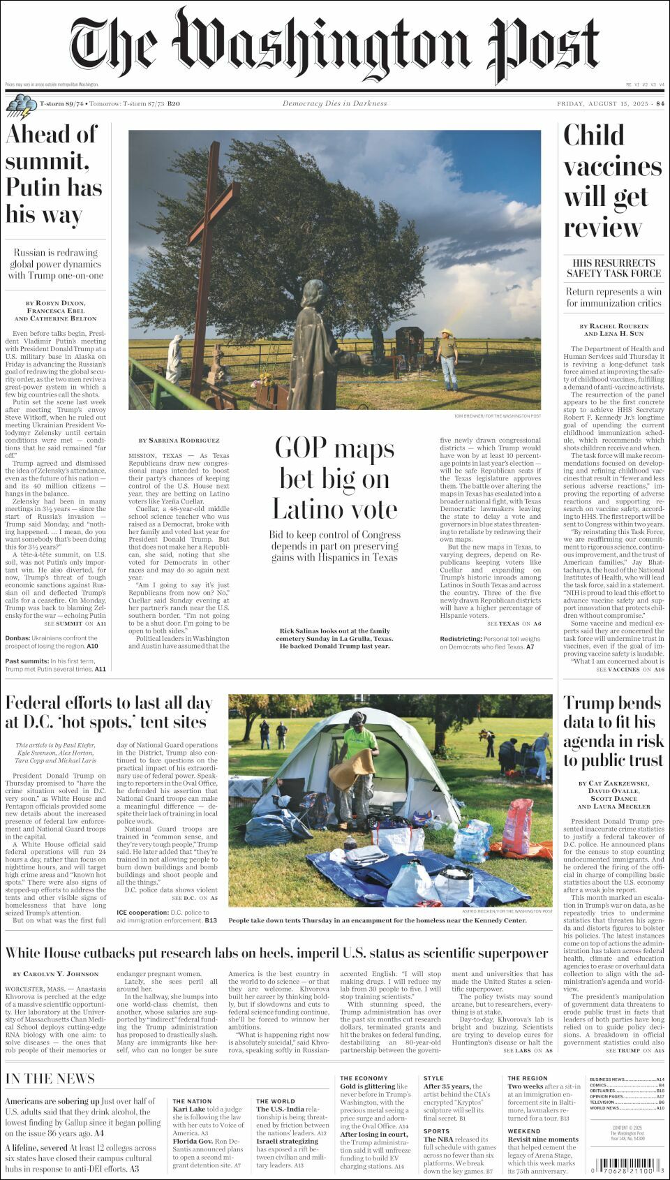 The Washington Post, edición del viernes 15 de agosto de 2025 The Washington Post, edición del viernes 15 de agosto de 2025