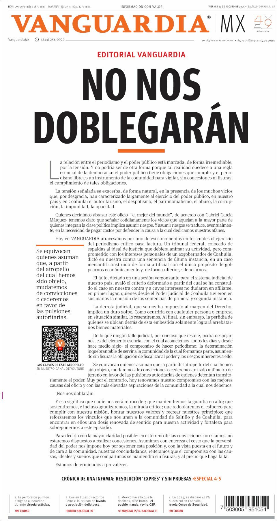 Vanguardia, edición del viernes 15 de agosto de 2025 Vanguardia, edición del viernes 15 de agosto de 2025