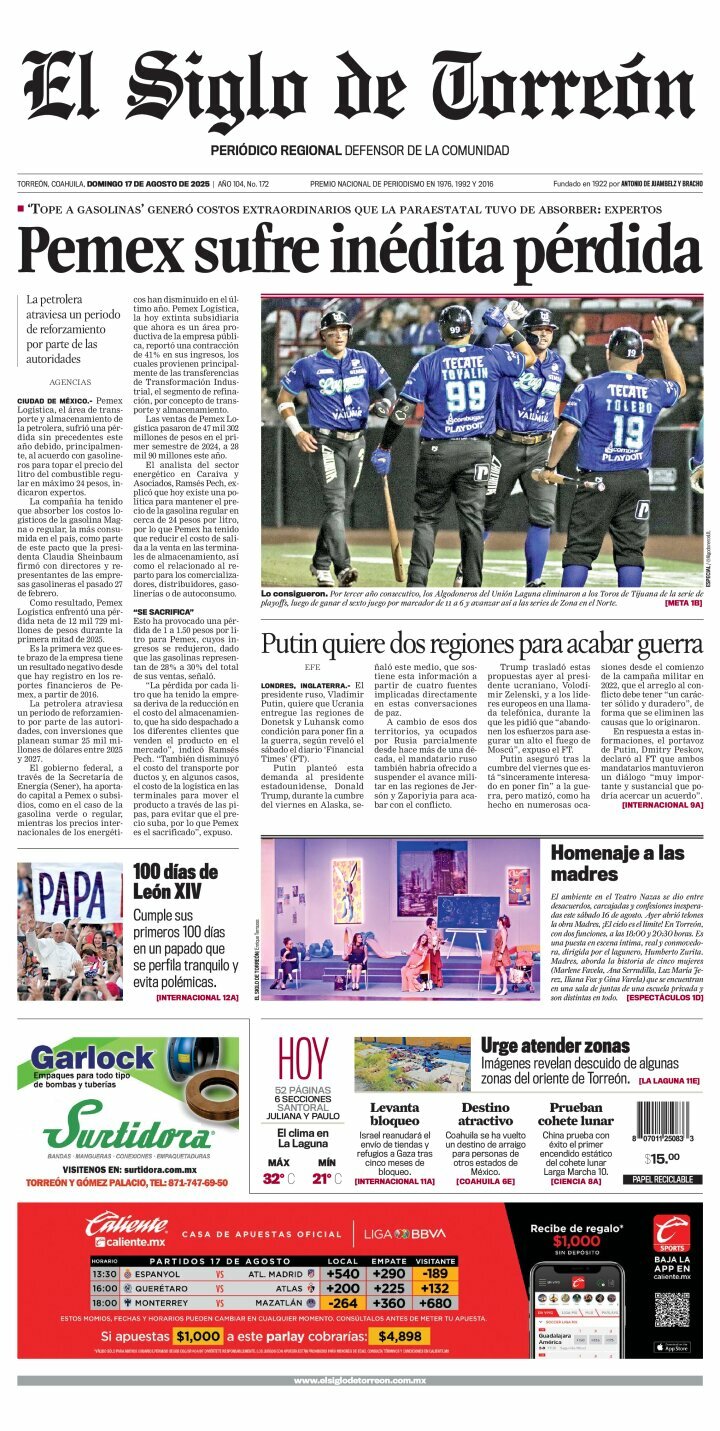 El Siglo de Torreón, edición del domingo 17 de agosto de 2025 El Siglo de Torreón, edición del domingo 17 de agosto de 2025