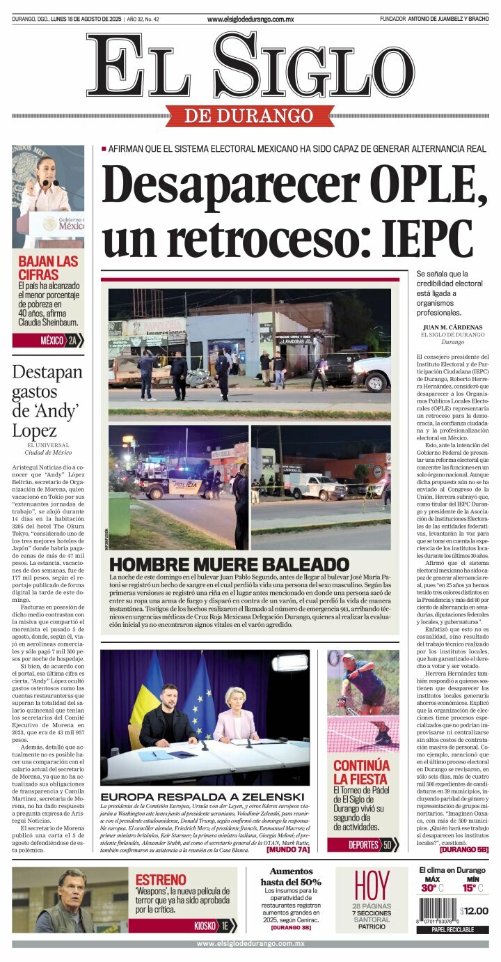 El Siglo de Durango, edición del lunes 18 de agosto de 2025 El Siglo de Durango, edición del lunes 18 de agosto de 2025