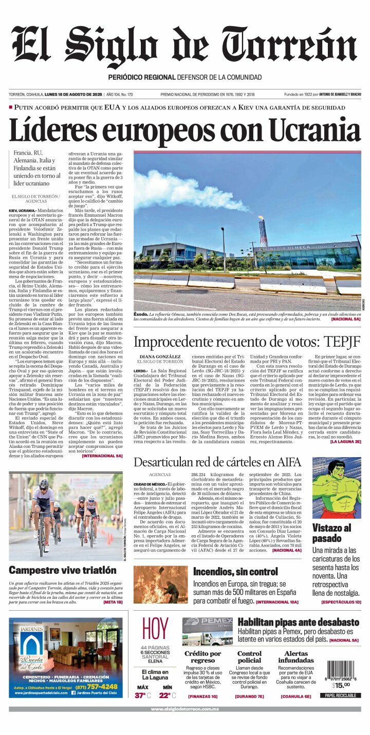 El Siglo de Torreón, edición del lunes 18 de agosto de 2025 El Siglo de Torreón, edición del lunes 18 de agosto de 2025