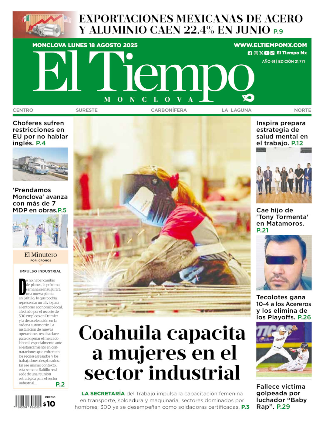El Tiempo Monclova, edición del lunes 18 de agosto de 2025 El Tiempo Monclova, edición del lunes 18 de agosto de 2025