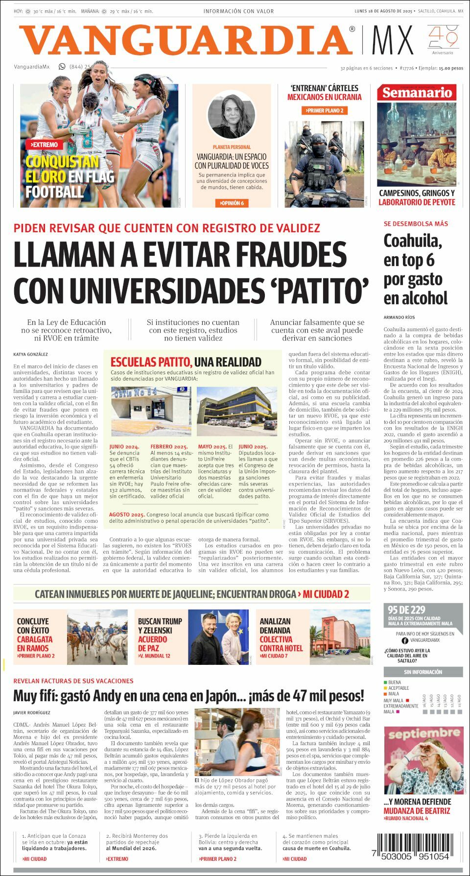 Vanguardia, edición del lunes 18 de agosto de 2025 Vanguardia, edición del lunes 18 de agosto de 2025