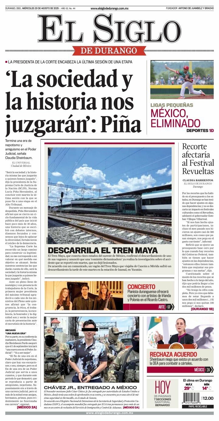 El Siglo de Durango, edición del miércoles 20 de agosto de 2025 El Siglo de Durango, edición del miércoles 20 de agosto de 2025