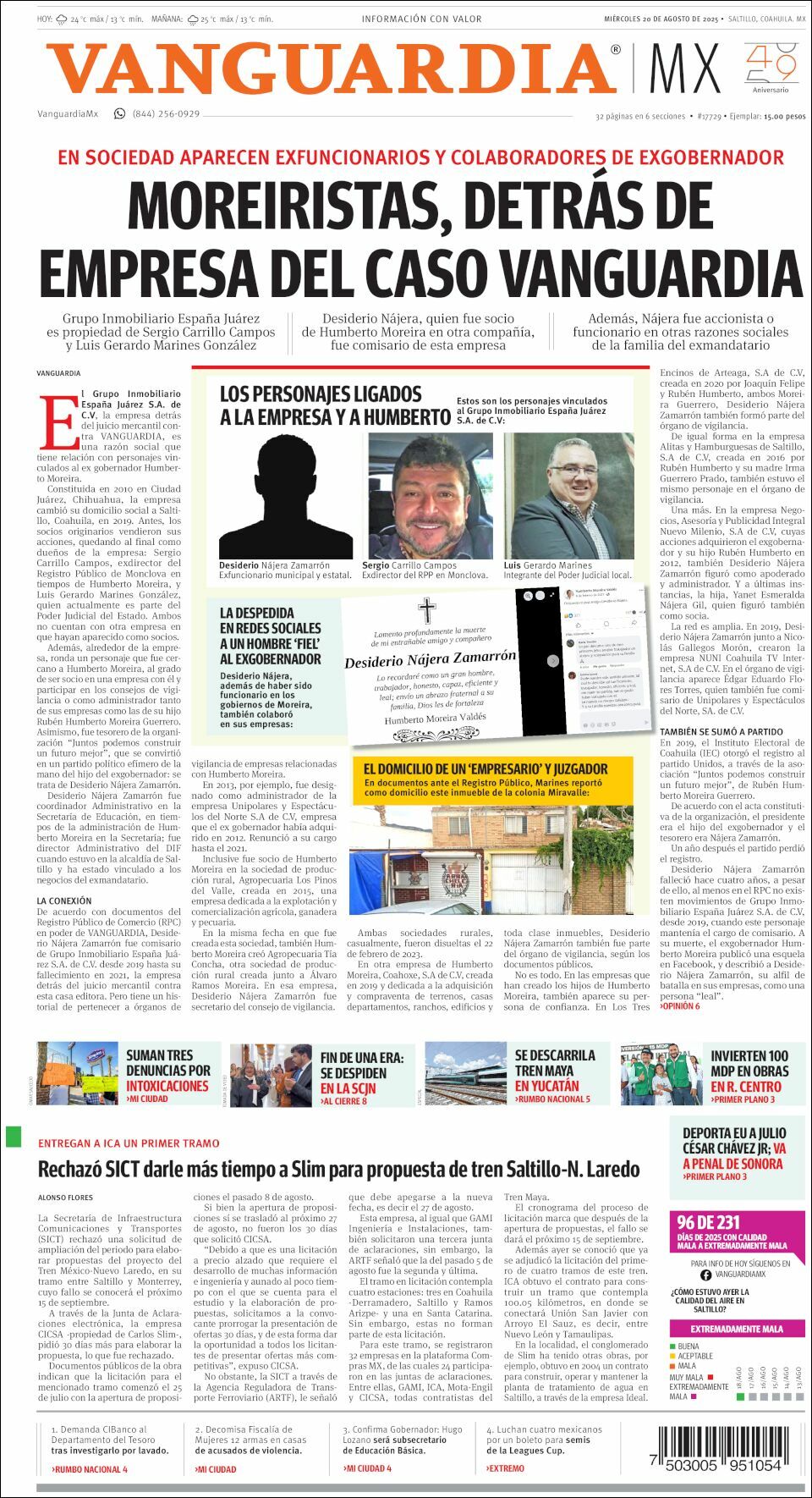 Vanguardia, edición del miércoles 20 de agosto de 2025 Vanguardia, edición del miércoles 20 de agosto de 2025