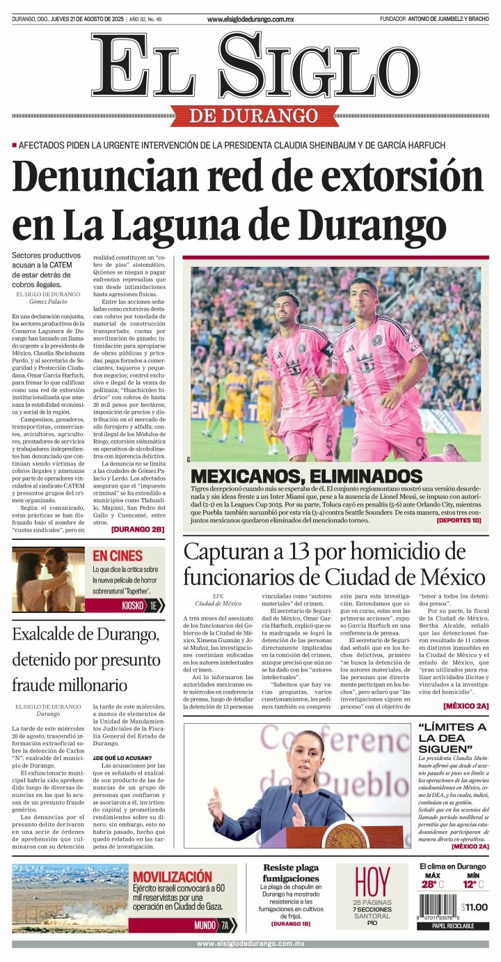 El Siglo de Durango, edición del jueves 21 de agosto de 2025 El Siglo de Durango, edición del jueves 21 de agosto de 2025