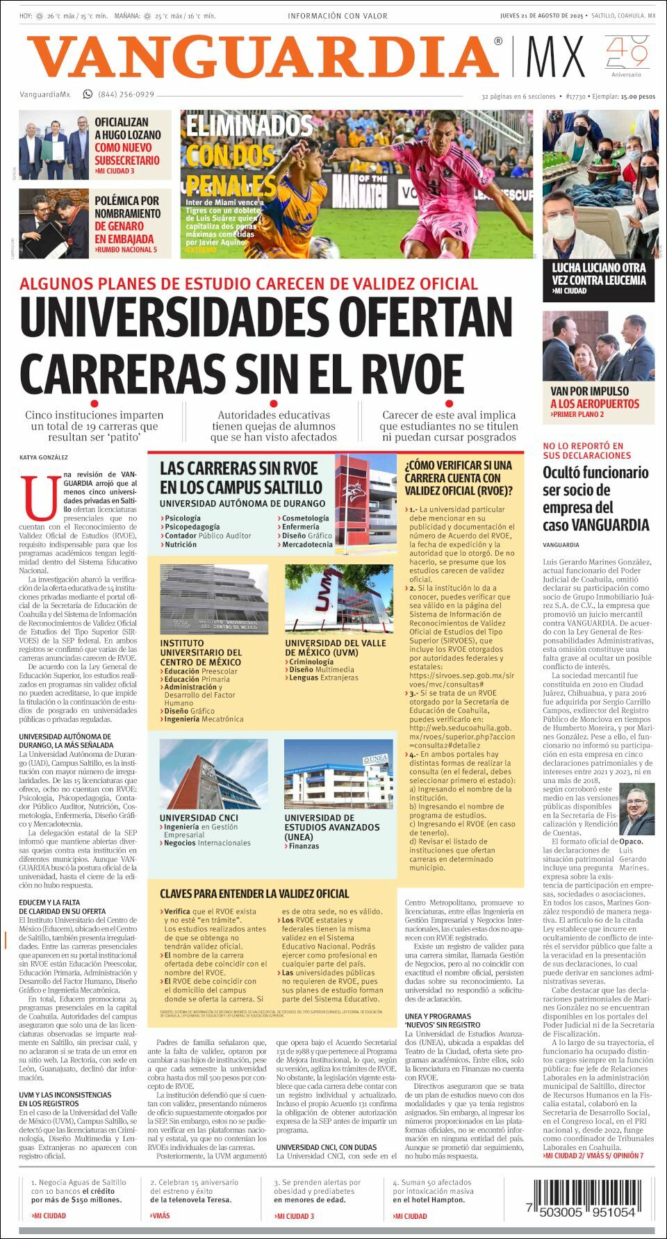 Vanguardia, edición del jueves 21 de agosto de 2025 Vanguardia, edición del jueves 21 de agosto de 2025