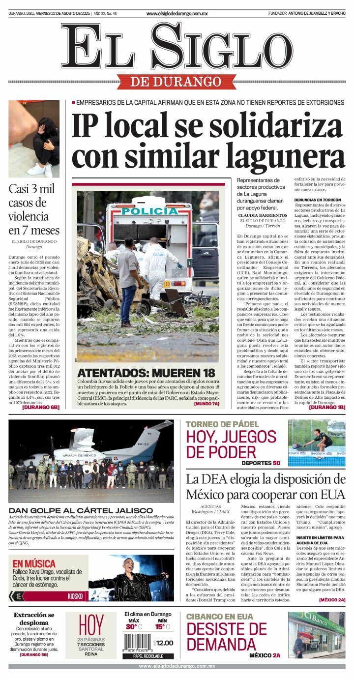El Siglo de Durango, edición del viernes 22 de agosto de 2025 El Siglo de Durango, edición del viernes 22 de agosto de 2025