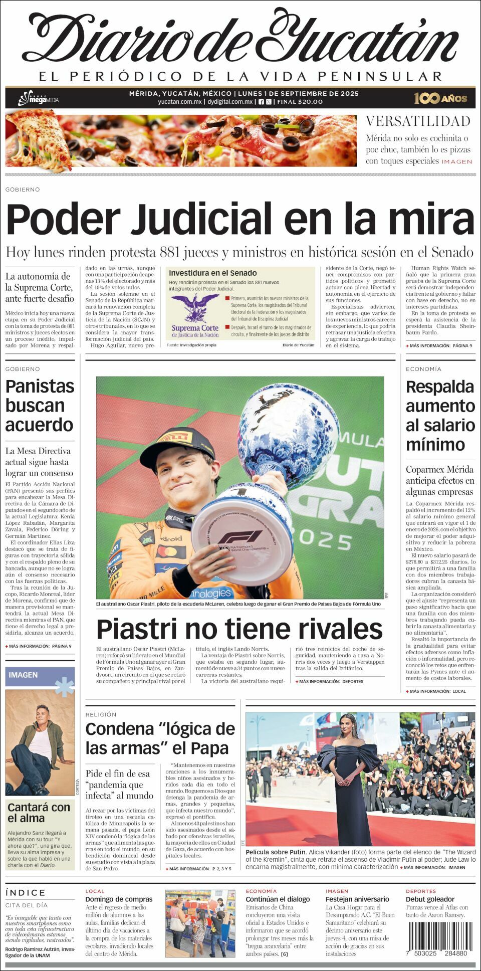 El Diario de Yucatán, edición del lunes 01 de septiembre de 2025