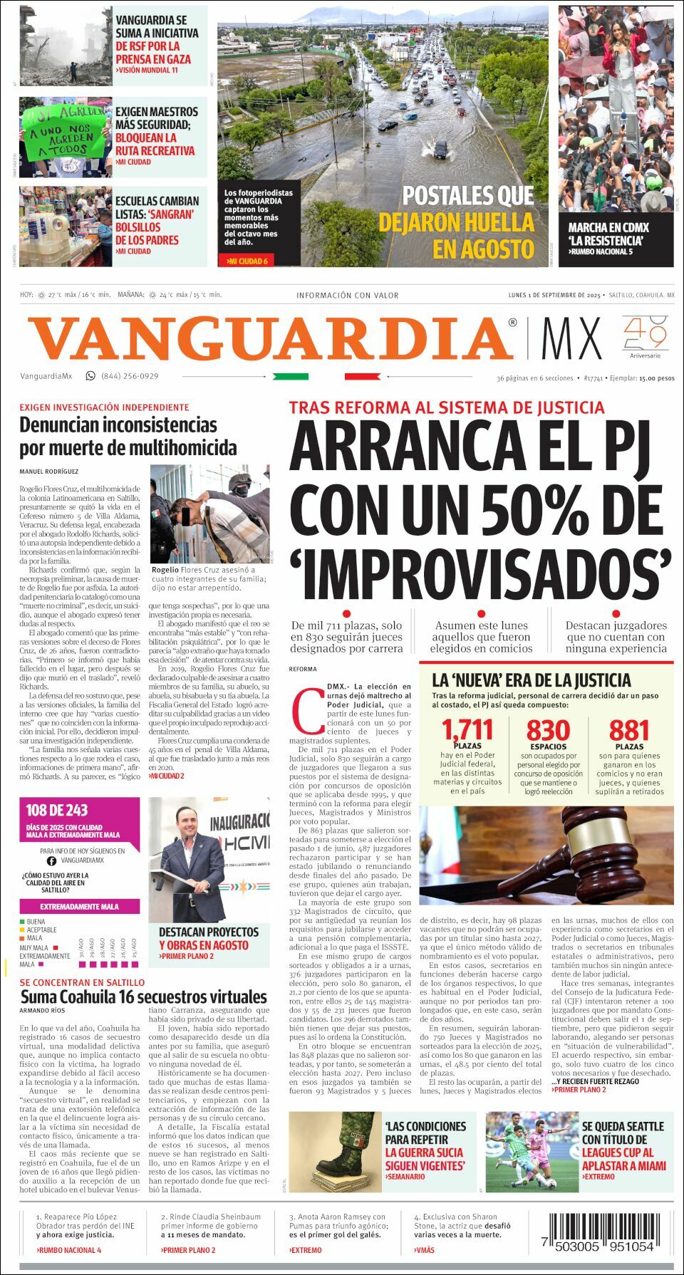 Vanguardia, edición del lunes 01 de septiembre de 2025