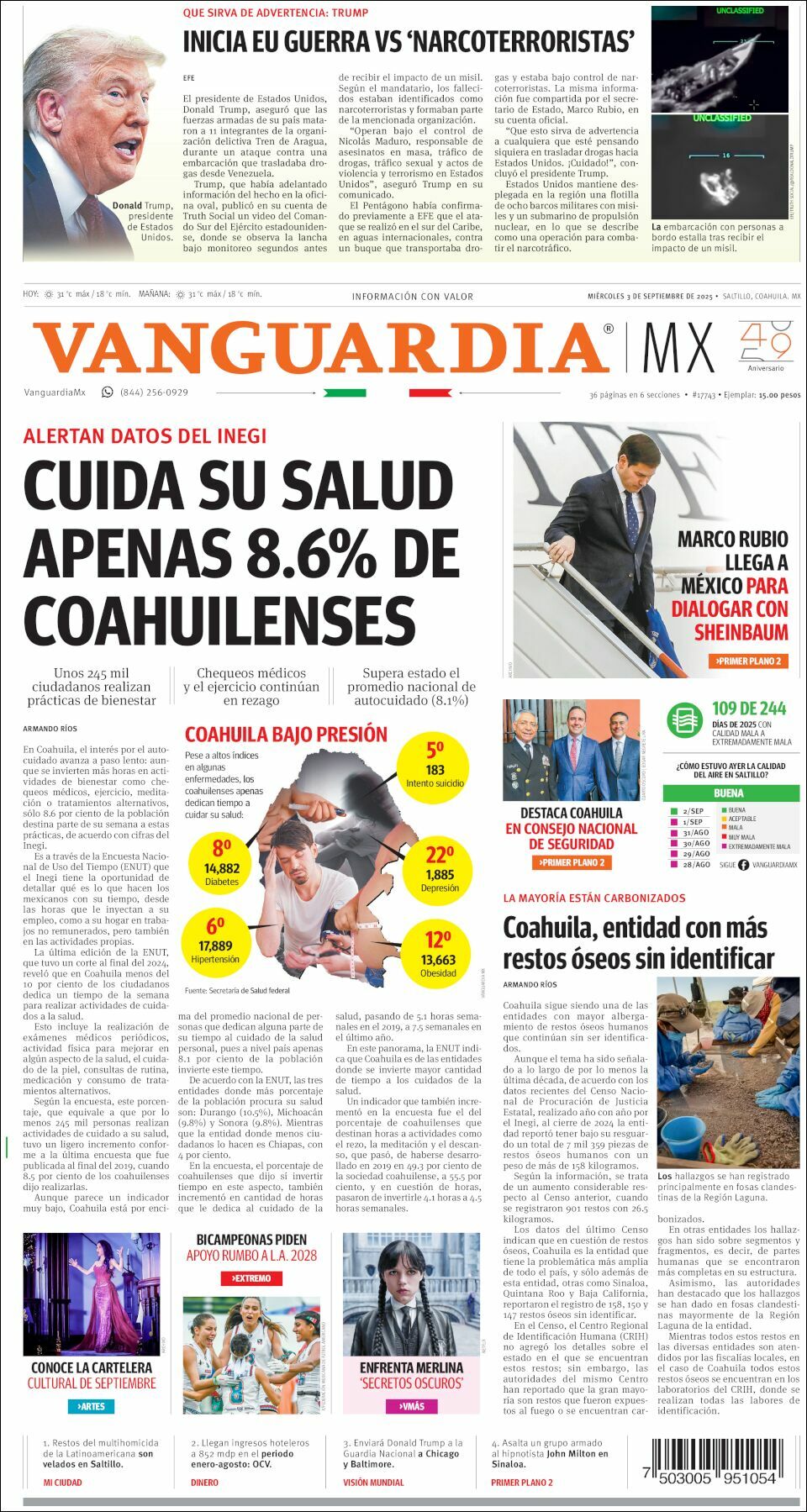 Vanguardia, edición del miércoles 03 de septiembre de 2025