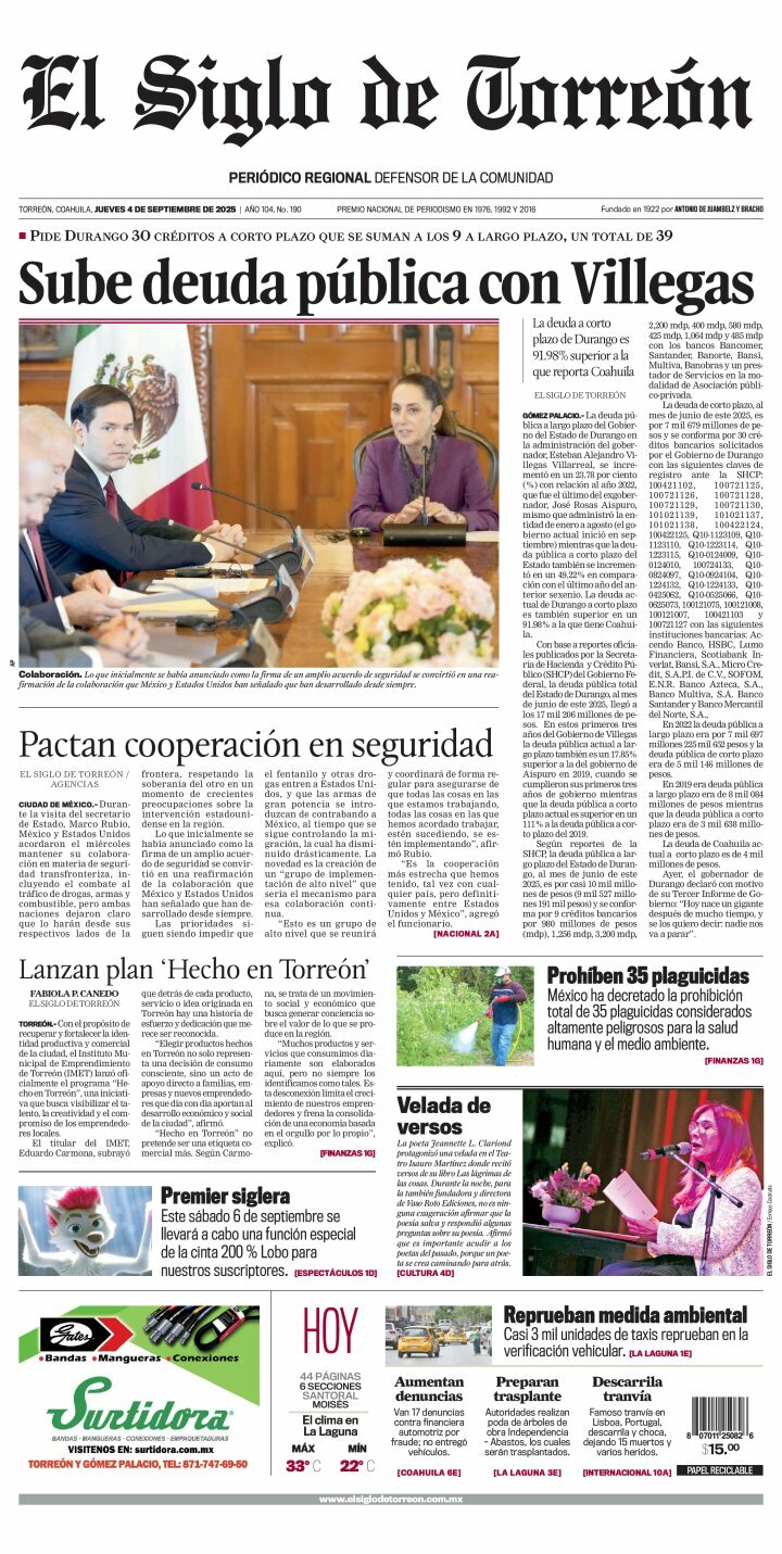 El Siglo de Torreón, edición del jueves 04 de septiembre de 2025