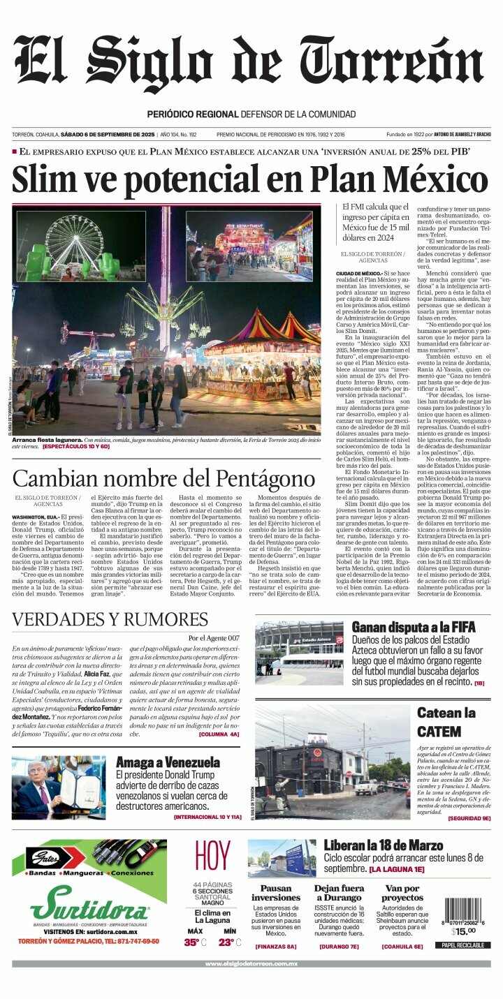 El Siglo de Torreón, edición del sábado 06 de septiembre de 2025