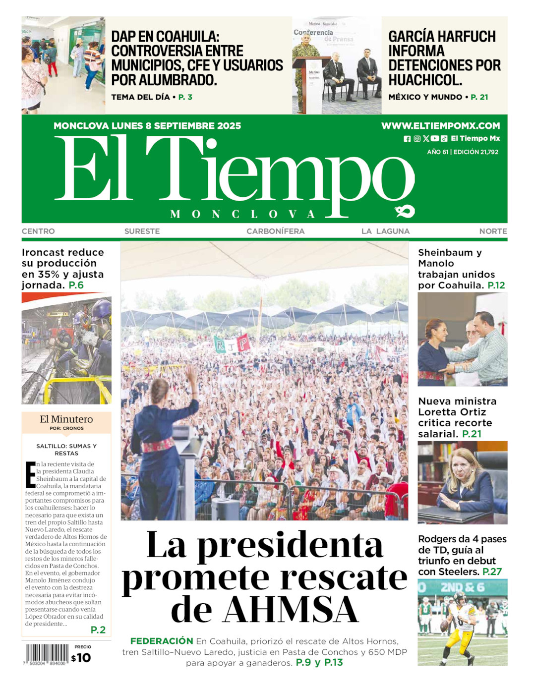 El Tiempo Monclova, edición del lunes 08 de septiembre de 2025