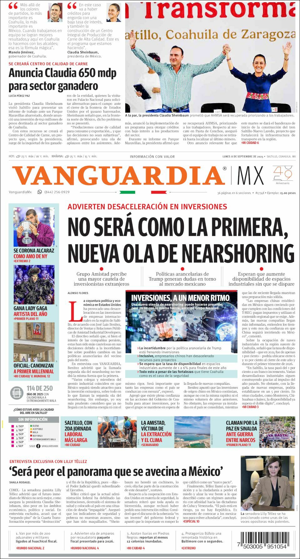 Vanguardia, edición del lunes 08 de septiembre de 2025