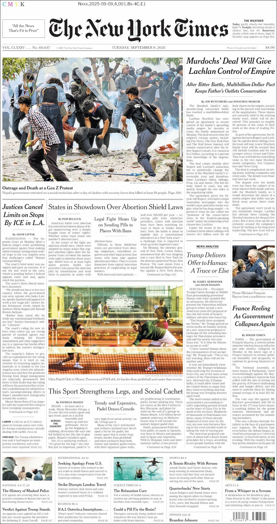 The New York Times, edición del martes 09 de septiembre de 2025 The New York Times, edición del martes 09 de septiembre de 2025