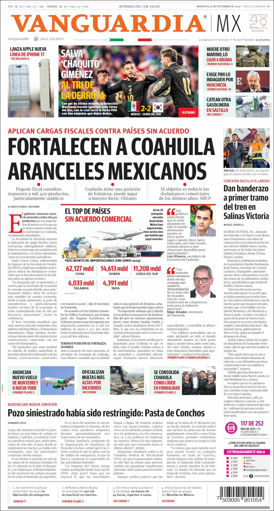 Vanguardia, edición del miércoles 10 de septiembre de 2025