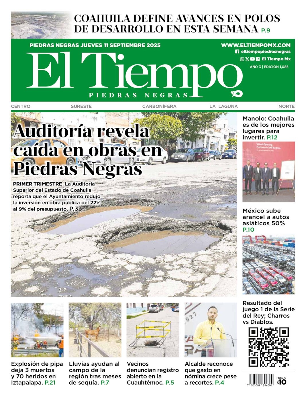 El Tiempo Piedras Negras, edición del jueves 11 de septiembre de 2025