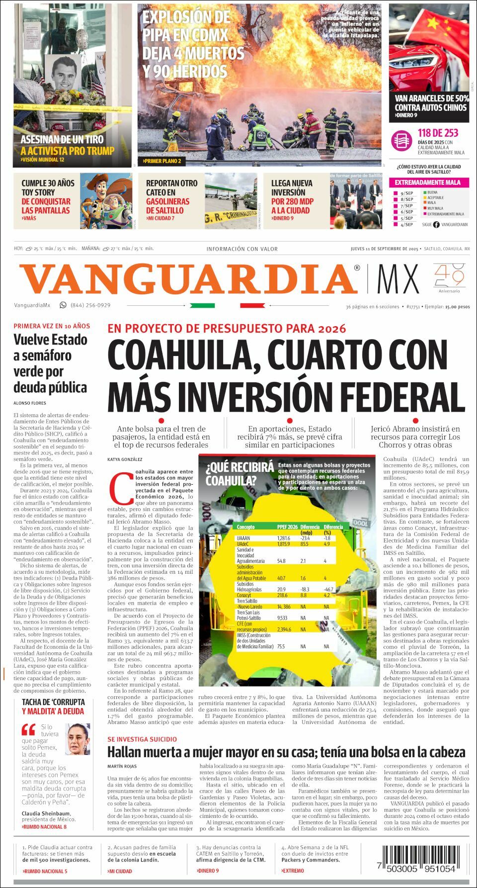 Vanguardia, edición del jueves 11 de septiembre de 2025