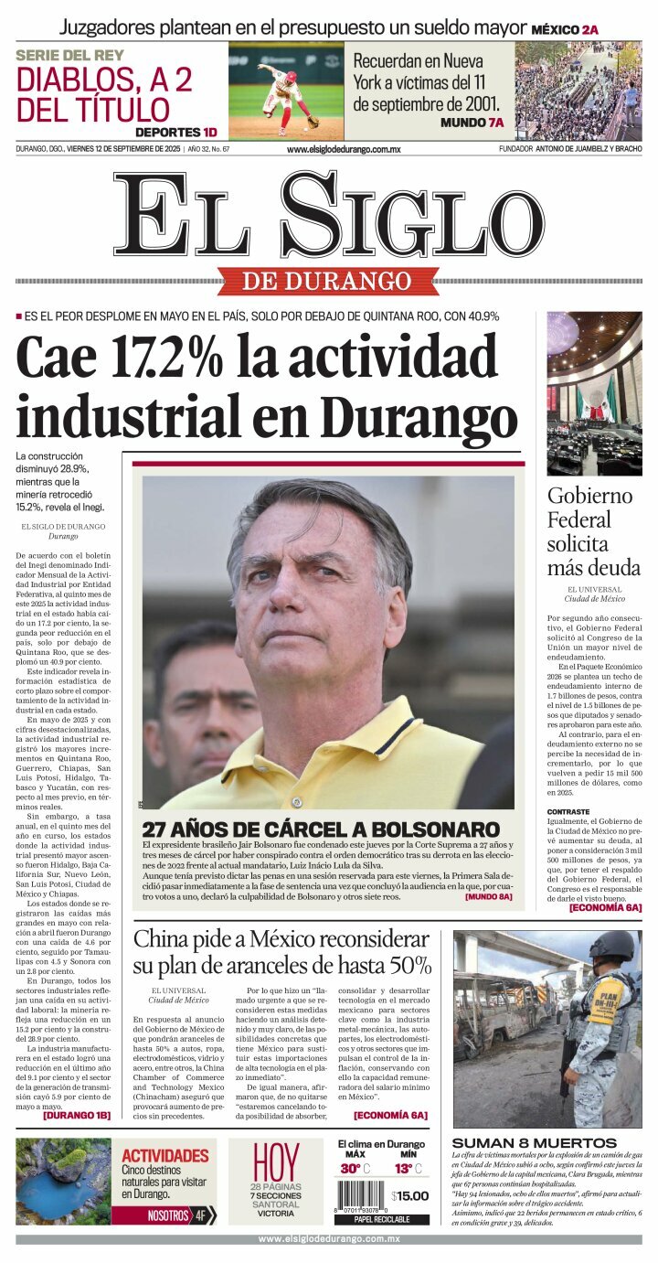 El Siglo de Durango, edición del viernes 12 de septiembre de 2025