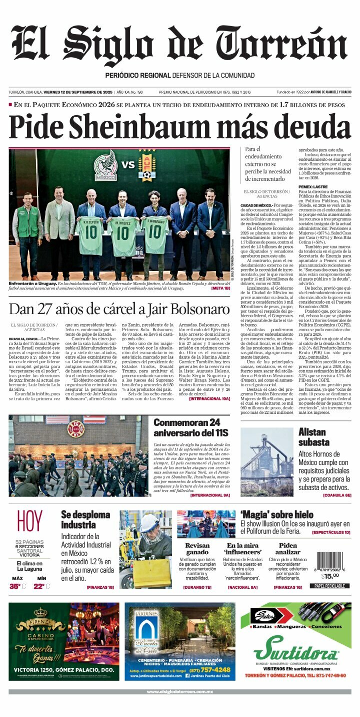 El Siglo de Torreón, edición del viernes 12 de septiembre de 2025